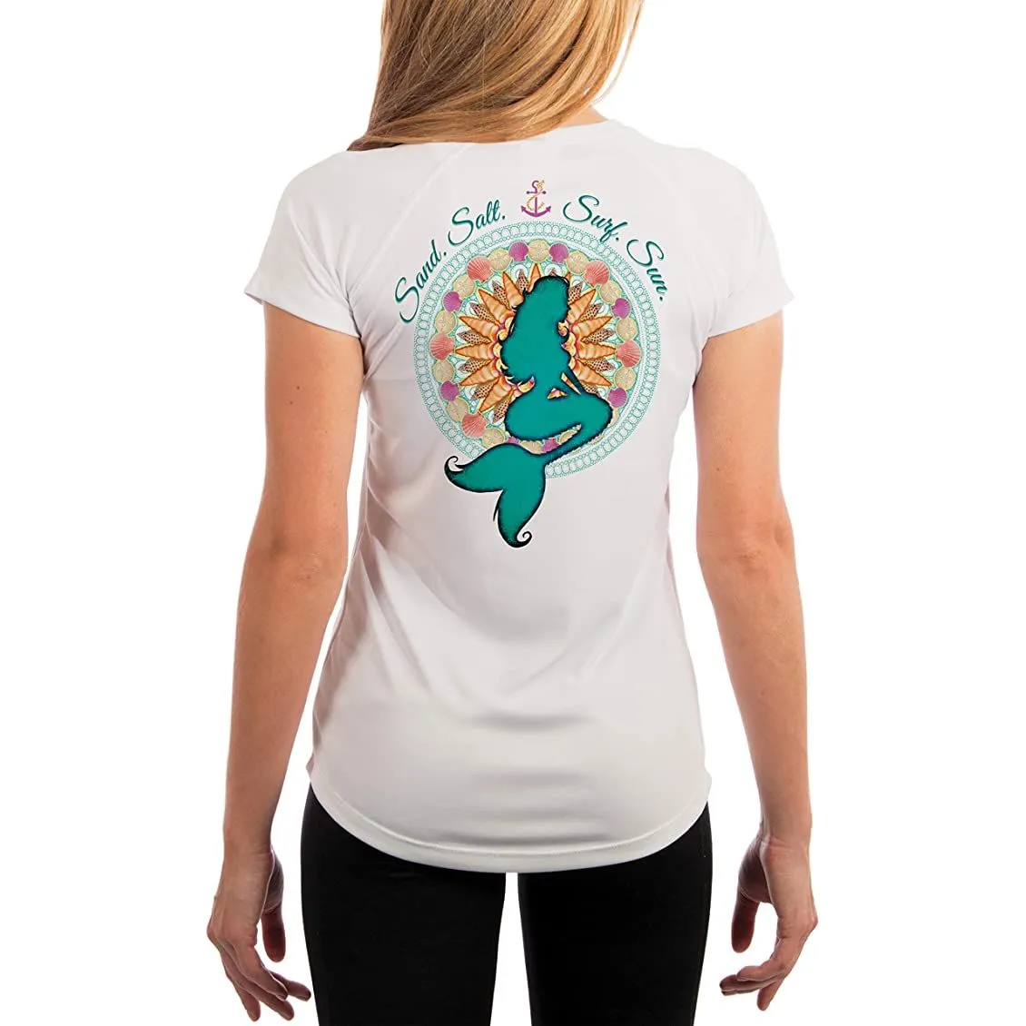SAND.SALT.SURF.SUN. Mermaid Shells Women's UPF 50  UV Sun Protection Performance Short Sleeve T-Shirt