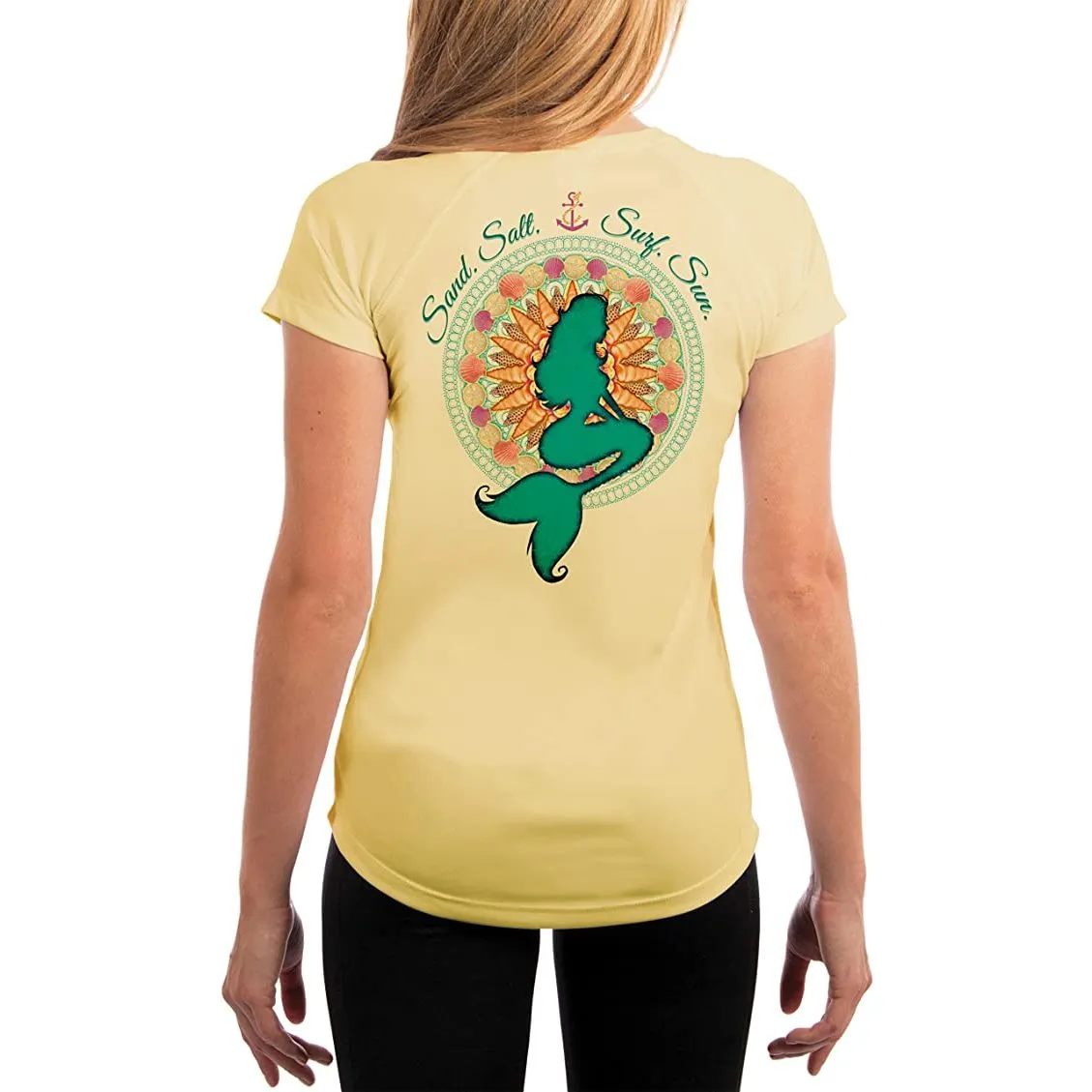 SAND.SALT.SURF.SUN. Mermaid Shells Women's UPF 50  UV Sun Protection Performance Short Sleeve T-Shirt
