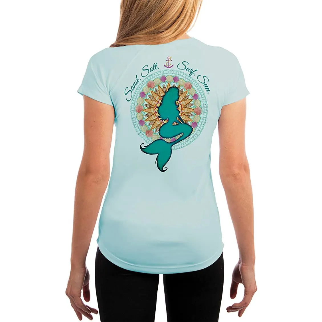SAND.SALT.SURF.SUN. Mermaid Shells Women's UPF 50  UV Sun Protection Performance Short Sleeve T-Shirt