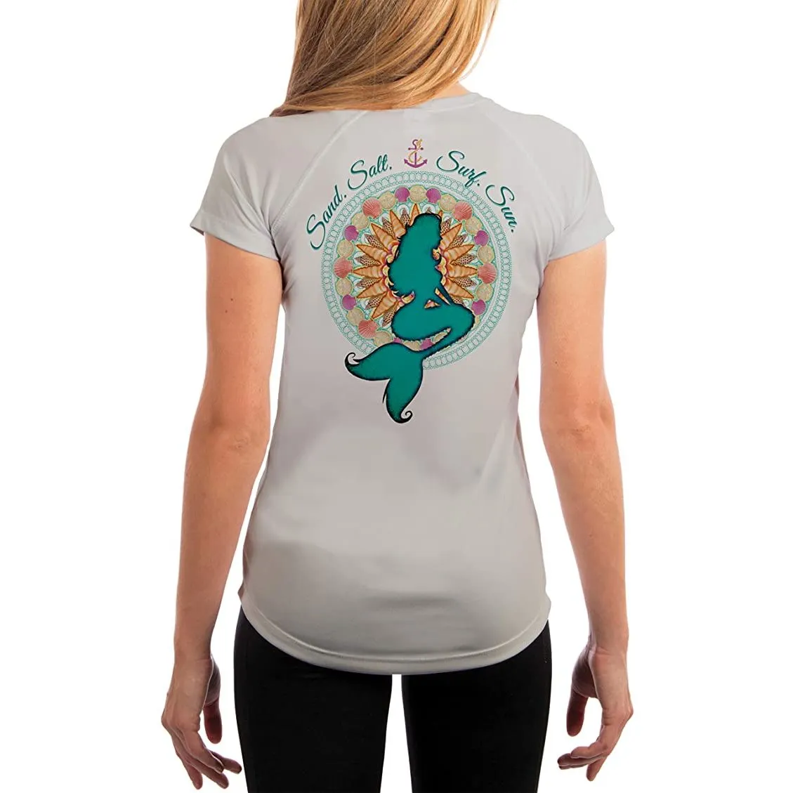 SAND.SALT.SURF.SUN. Mermaid Shells Women's UPF 50  UV Sun Protection Performance Short Sleeve T-Shirt