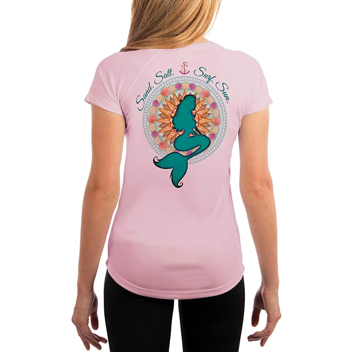 SAND.SALT.SURF.SUN. Mermaid Shells Women's UPF 50  UV Sun Protection Performance Short Sleeve T-Shirt