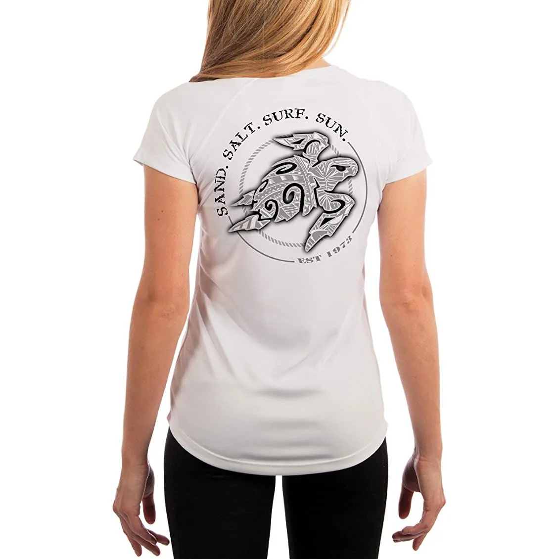 SAND.SALT.SURF.SUN. Polynesian Sea Turtle Women's UPF 50  UV Sun Protection Performance Short Sleeve T-Shirt