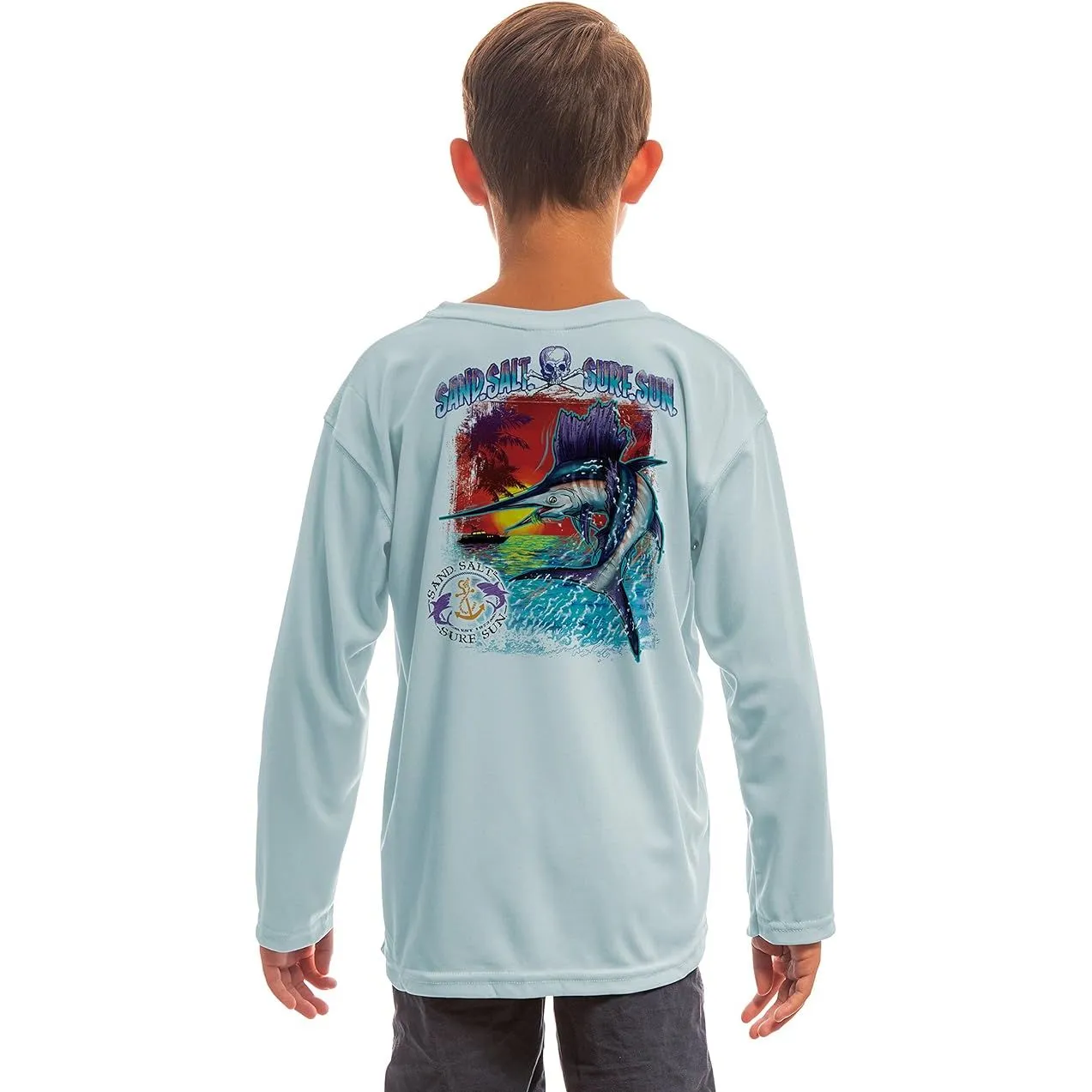 SAND.SALT.SURF.SUN. Saltwater Fish Sailfish Youth UPF 50  UV Sun Protection Performance Long Sleeve T-Shirt