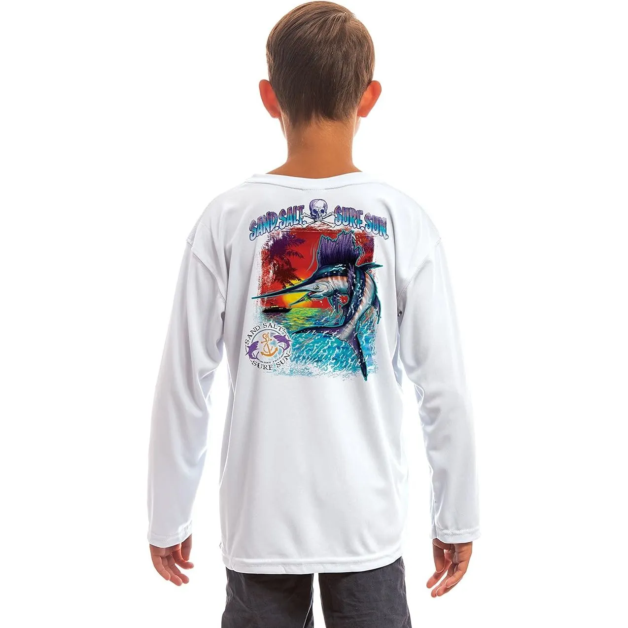 SAND.SALT.SURF.SUN. Saltwater Fish Sailfish Youth UPF 50  UV Sun Protection Performance Long Sleeve T-Shirt