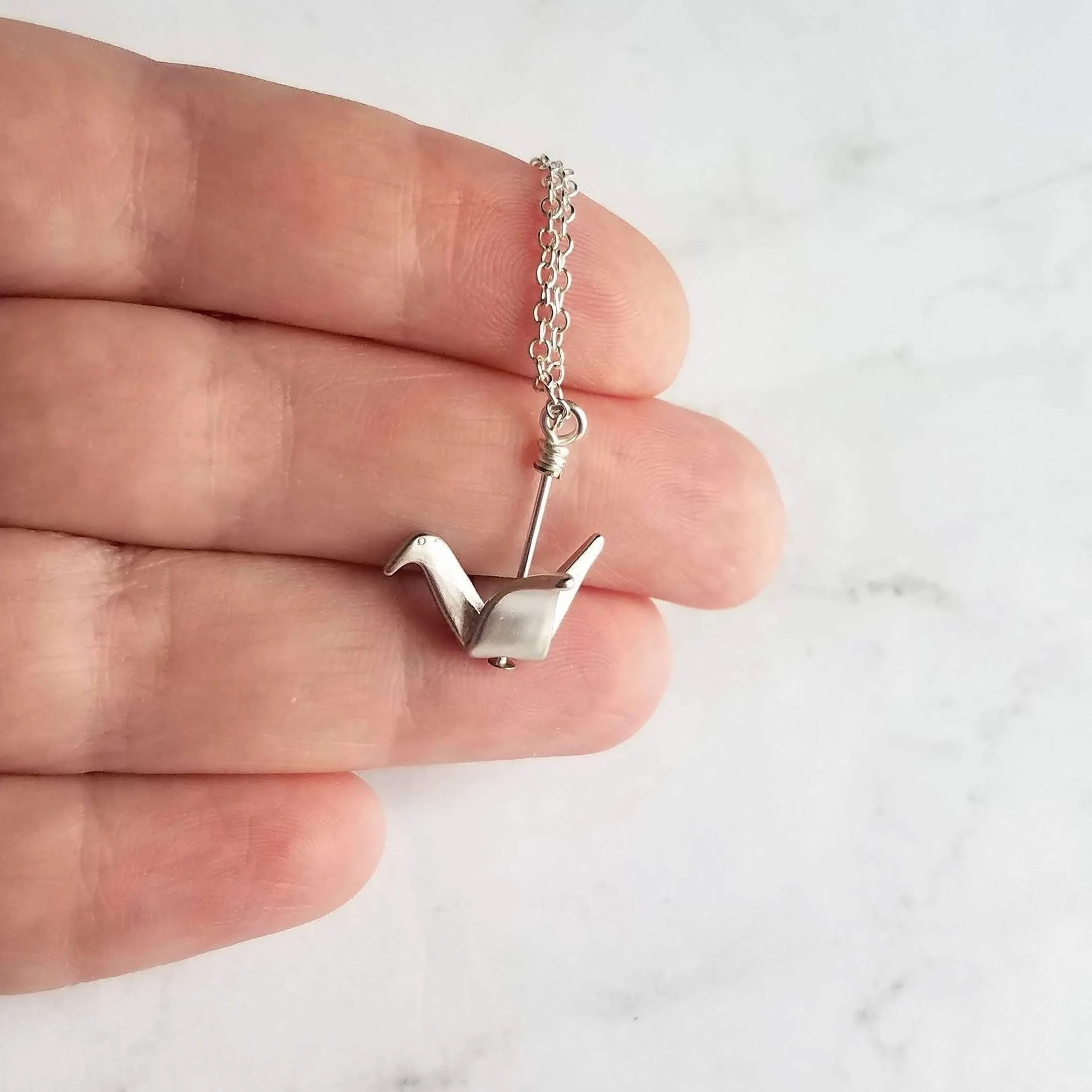 Silver Crane Necklace, origami crane necklace, gold crane necklace, maternal love necklace, good will necklace, folded paper crane necklace