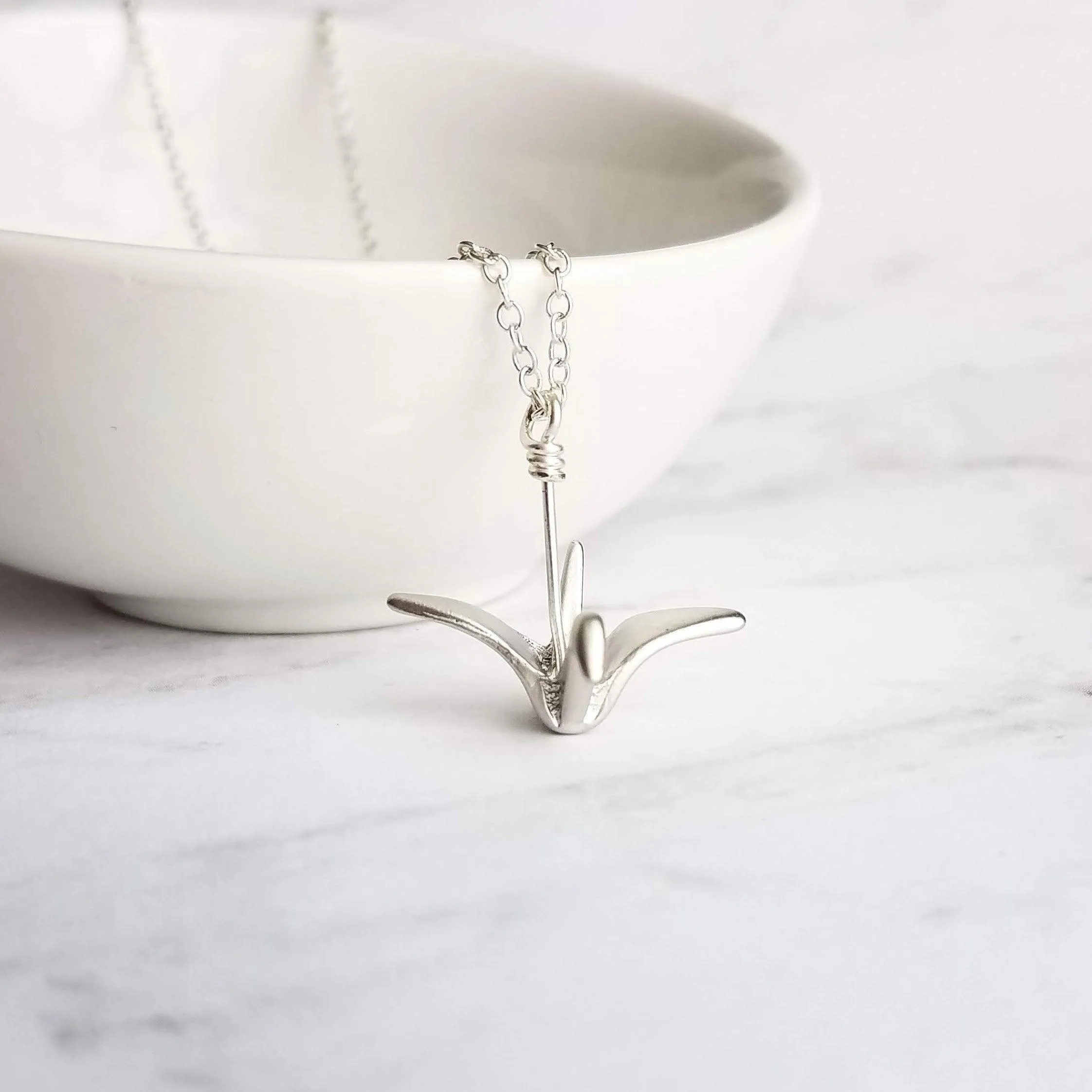 Silver Crane Necklace, origami crane necklace, gold crane necklace, maternal love necklace, good will necklace, folded paper crane necklace