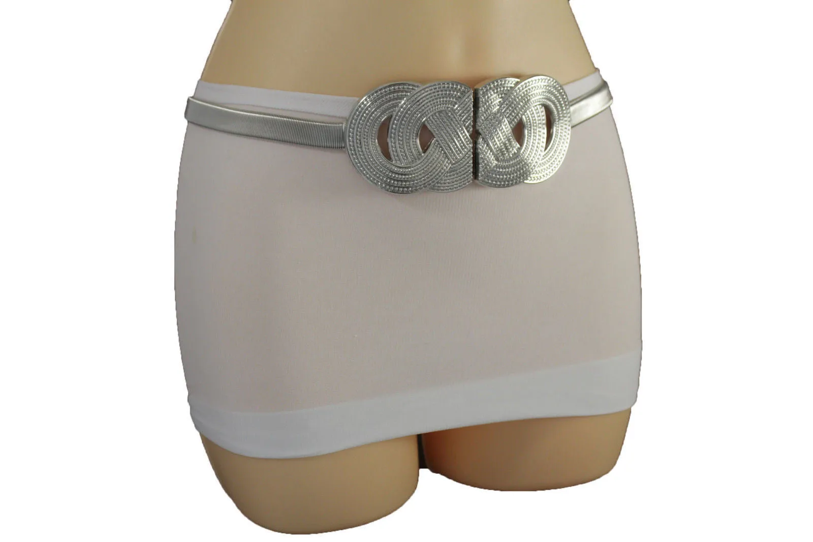 Silver Gold Metal Band Elastic Hip Waist Belt Big Braid Buckle Plus Size