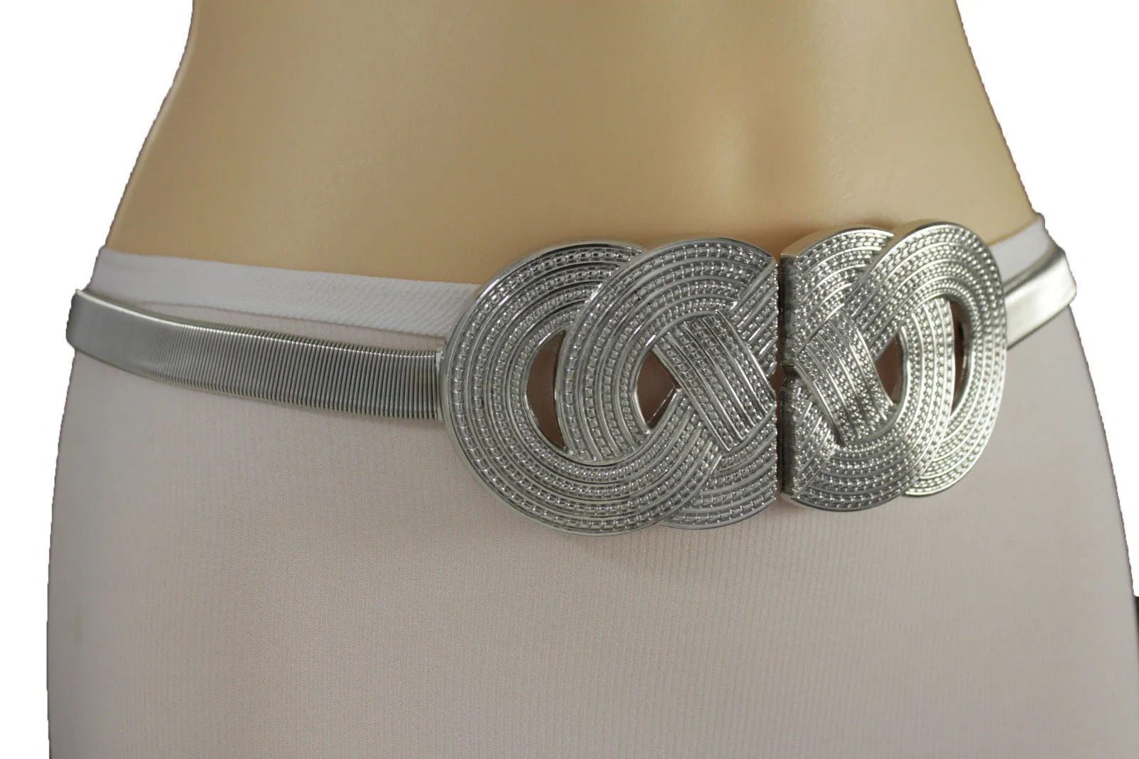 Silver Gold Metal Band Elastic Hip Waist Belt Big Braid Buckle Plus Size