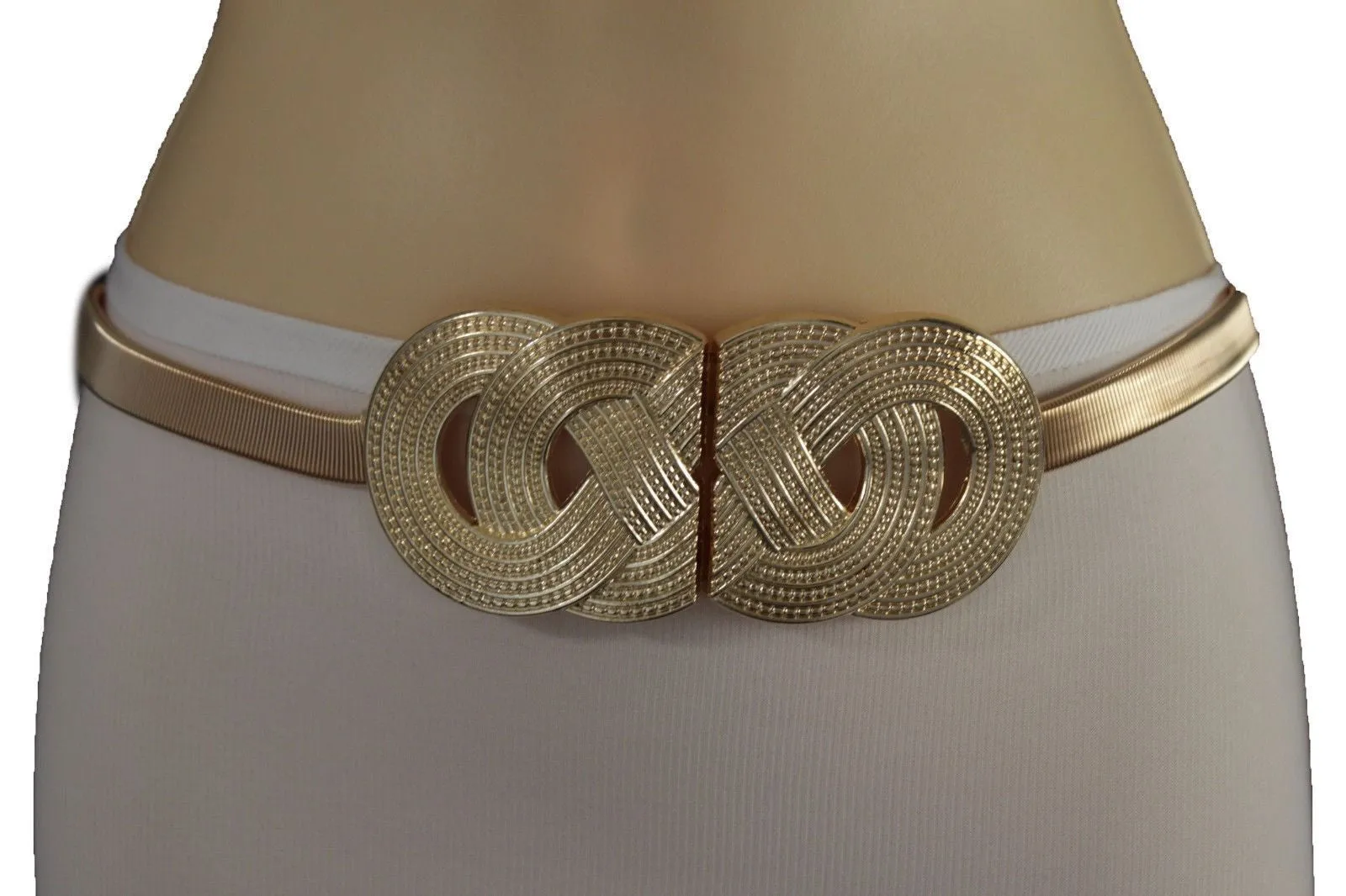 Silver Gold Metal Band Elastic Hip Waist Belt Big Braid Buckle Plus Size