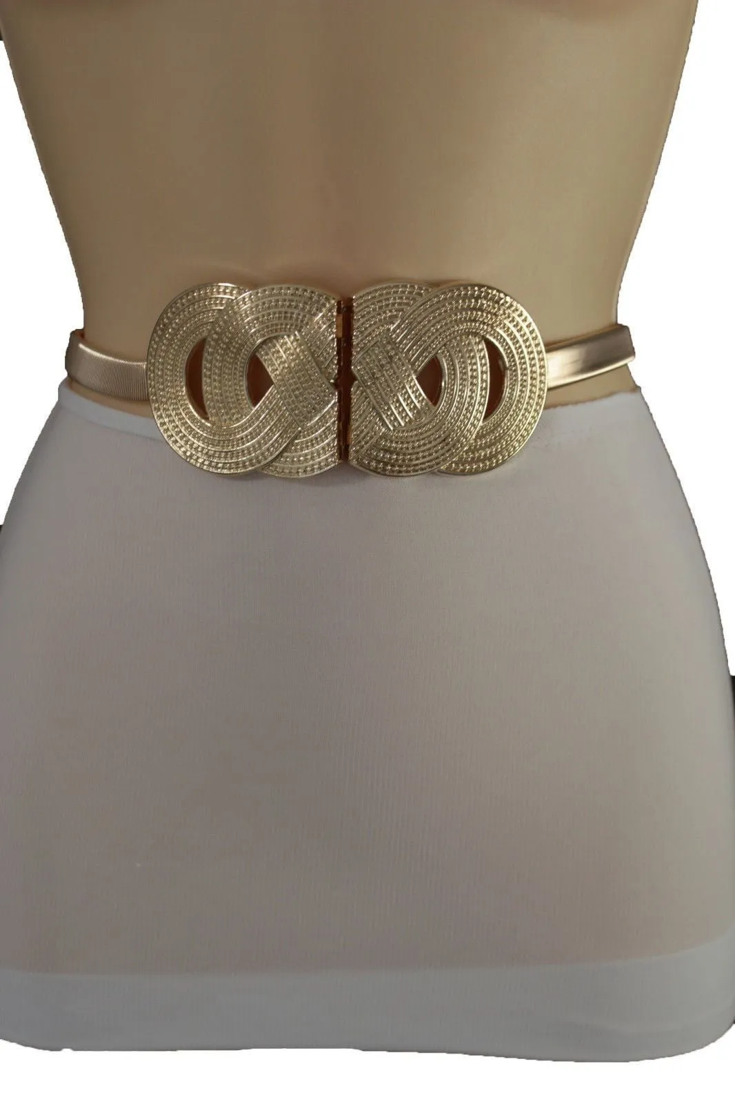Silver Gold Metal Band Elastic Hip Waist Belt Big Braid Buckle Plus Size