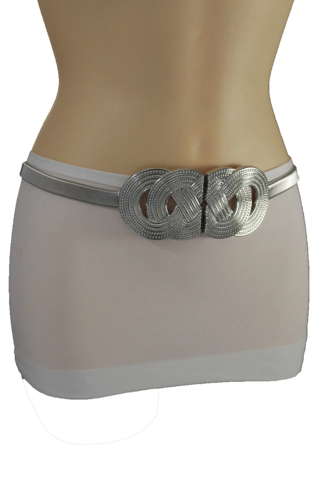 Silver Gold Metal Band Elastic Hip Waist Belt Big Braid Buckle Plus Size