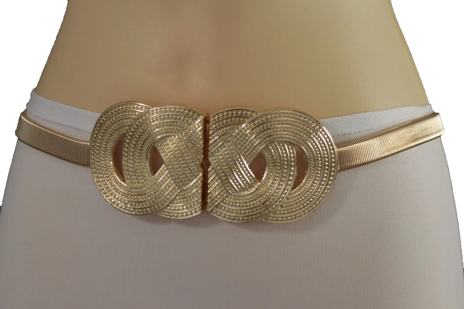 Silver Gold Metal Band Elastic Hip Waist Belt Big Braid Buckle Plus Size