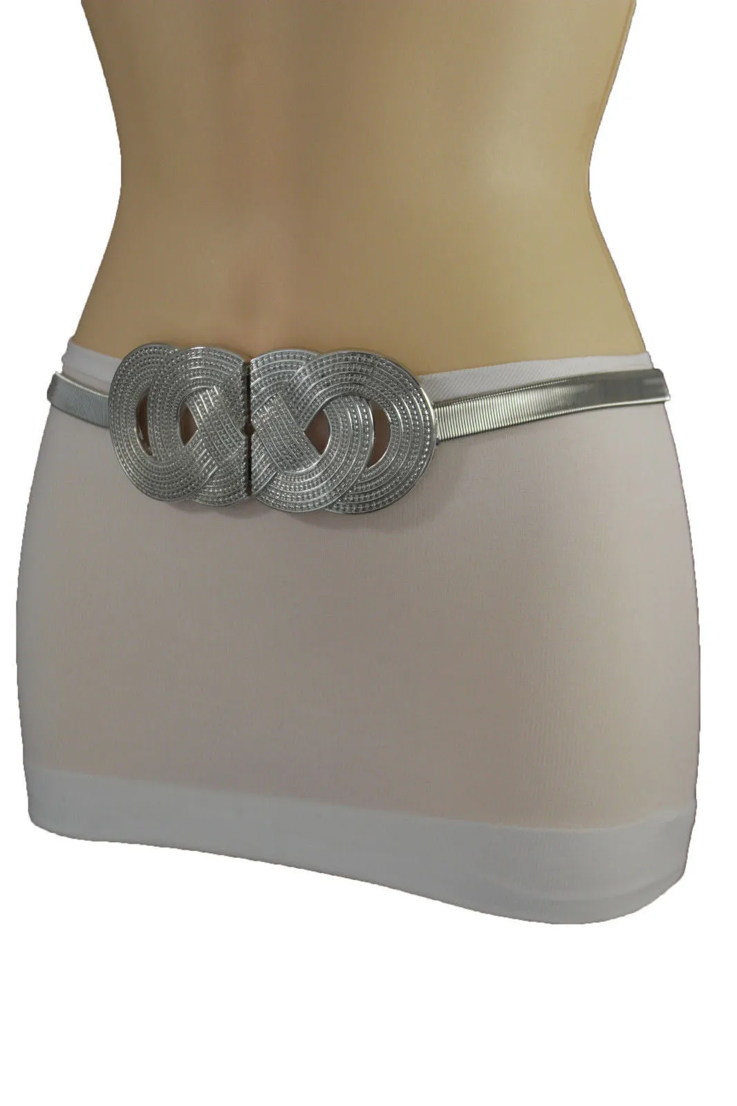 Silver Gold Metal Band Elastic Hip Waist Belt Big Braid Buckle Plus Size