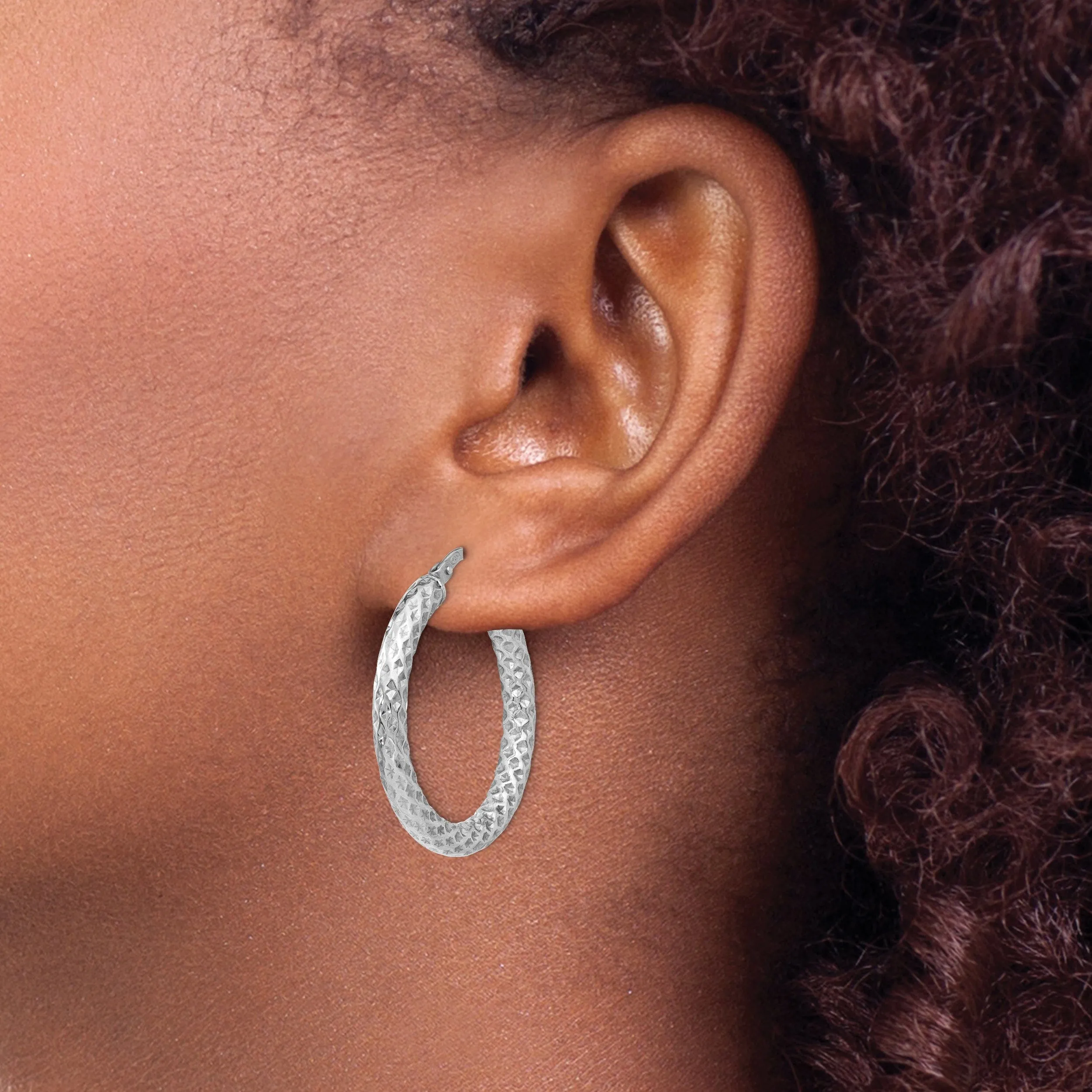 Silver Polished Textured Hinged Hoop Earrings