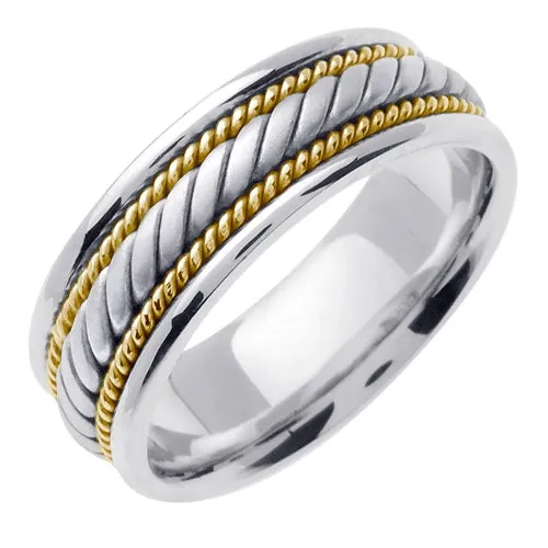 Silver/White or Silver/White/Yellow 14K Gold Hand Braided Cord Ring Band