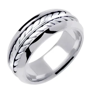 Silver/White or Titanium/White 14K Gold Hand Braided Wheat Pattern Design Ring Band