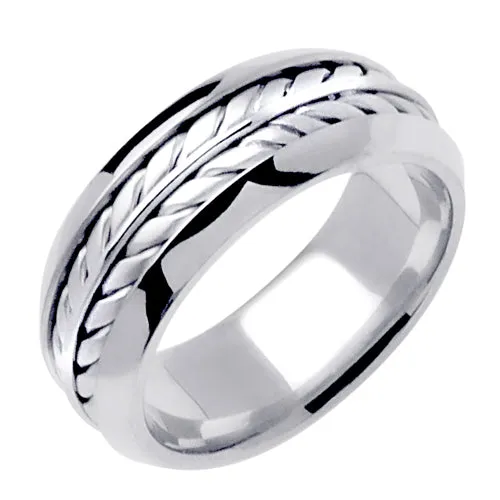 Silver/White or Titanium/White 14K Gold Hand Braided Wheat Pattern Design Ring Band