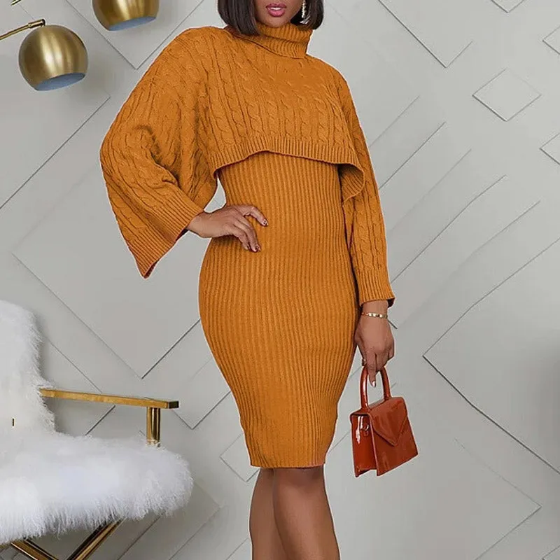 Solid Turtle Neck Long Sleeve Sweater & Dress Set