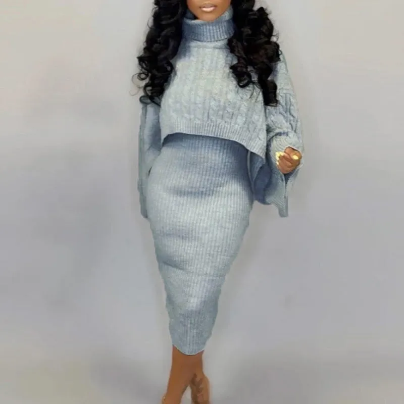 Solid Turtle Neck Long Sleeve Sweater & Dress Set