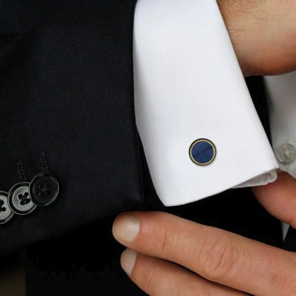 Stylish Blue and Gold Round Cufflinks in Presentation Gift Box