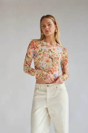 Summer Floral Mesh Long Sleeve Top