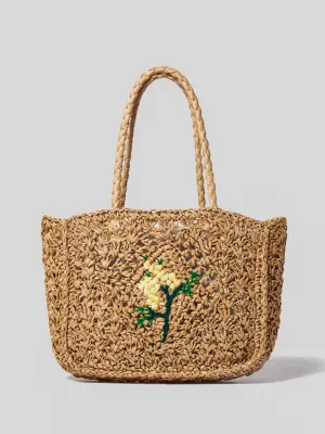 Summer Straw Braided Bag Open-top Bucket Handbag Tote Bag Flower Detail
