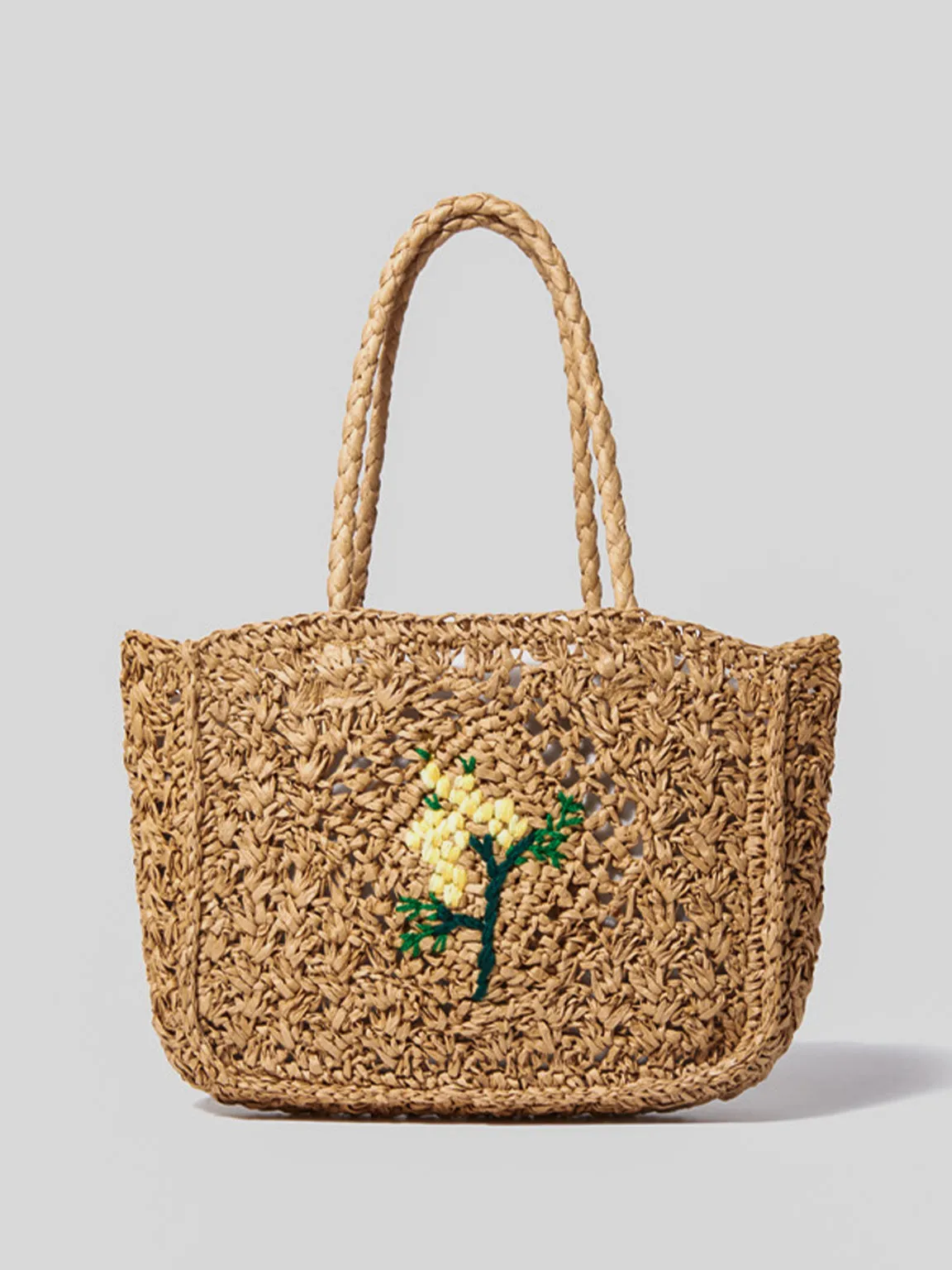 Summer Straw Braided Bag Open-top Bucket Handbag Tote Bag Flower Detail