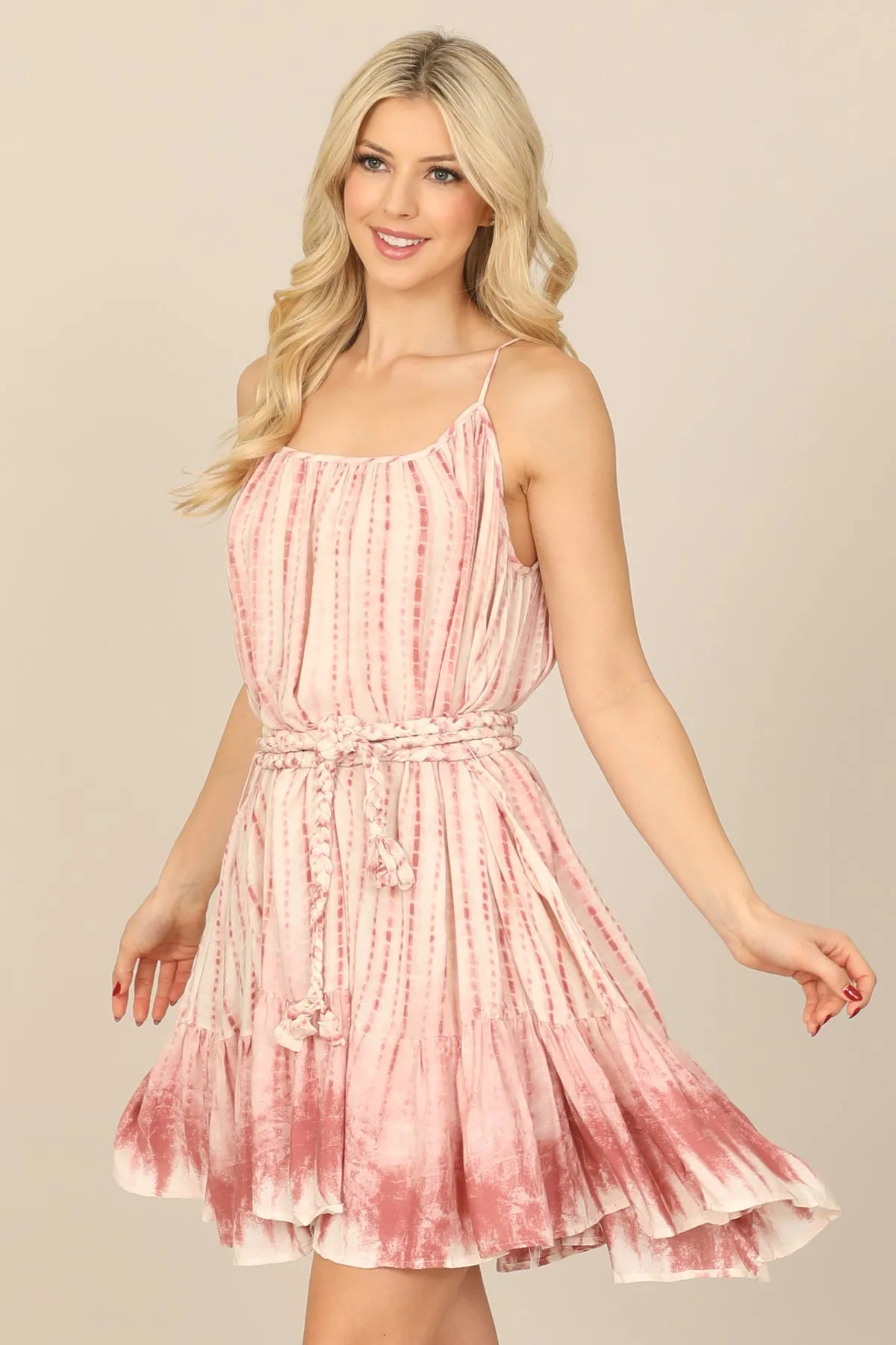 TIE DYE SPAGHETTI STRAP BRAIDED TIE WAIST DRESS
