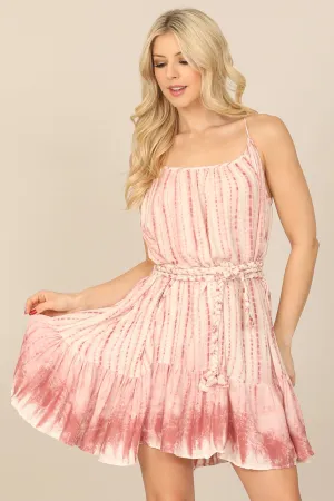 TIE DYE SPAGHETTI STRAP BRAIDED TIE WAIST DRESS