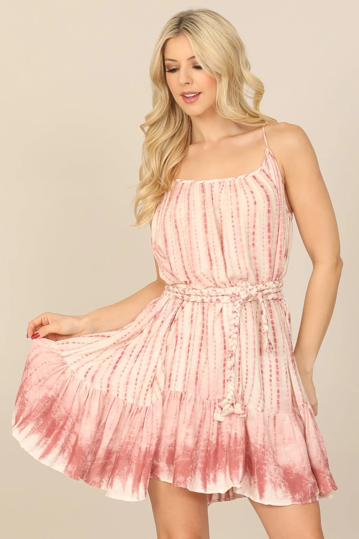 TIE DYE SPAGHETTI STRAP BRAIDED TIE WAIST DRESS