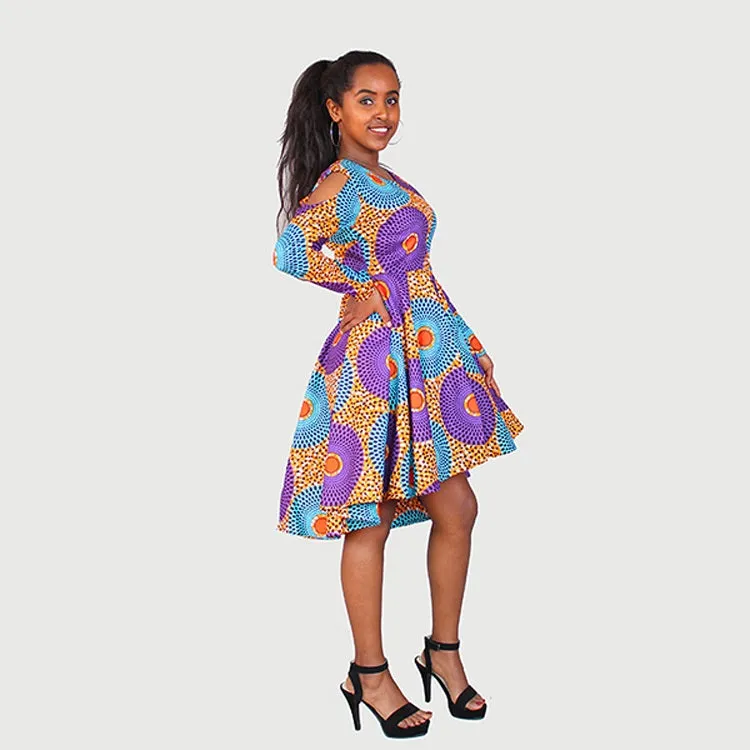 Traditional African Kitenge Wax Print Hollandaise Violet High Low Hem Long Sleeve Shoulder Cut Out Dress
