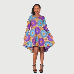 Traditional African Kitenge Wax Print Hollandaise Violet High Low Hem Long Sleeve Shoulder Cut Out Dress