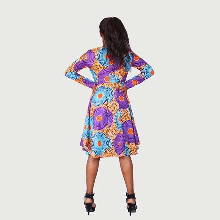 Traditional African Kitenge Wax Print Hollandaise Violet High Low Hem Long Sleeve Shoulder Cut Out Dress