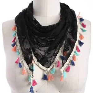Travel Colorful Tassel Lace Triangle Scarf - Black