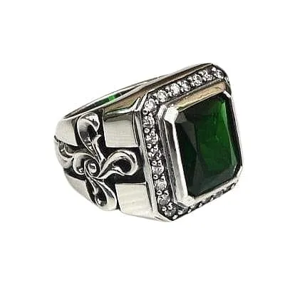 Tribal Cross Green Emerald Sterling Silver Men's Ring