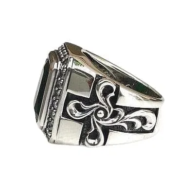Tribal Cross Green Emerald Sterling Silver Men's Ring