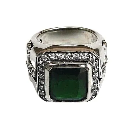 Tribal Cross Green Emerald Sterling Silver Men's Ring