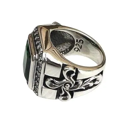Tribal Cross Green Emerald Sterling Silver Men's Ring