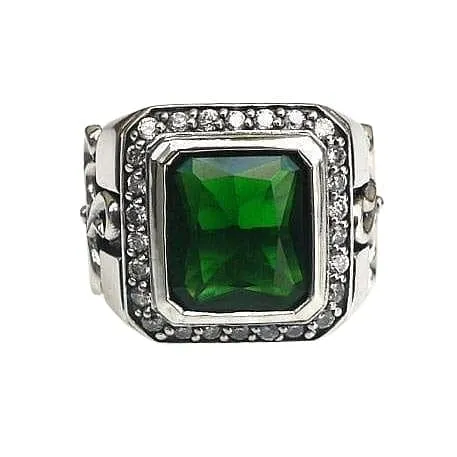 Tribal Cross Green Emerald Sterling Silver Men's Ring