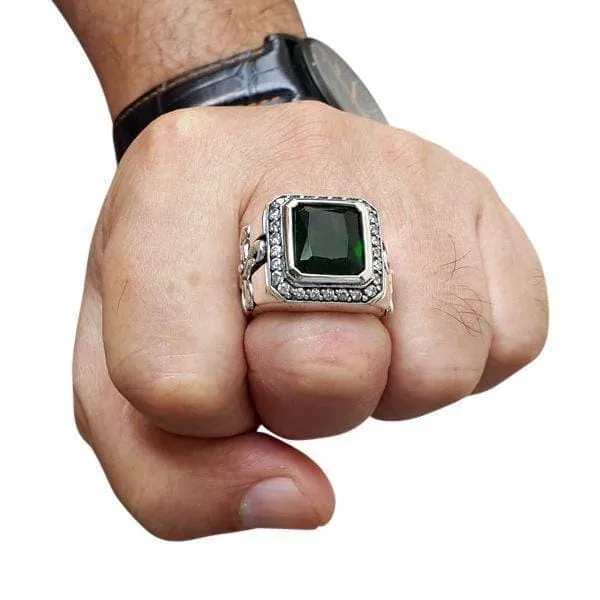 Tribal Cross Green Emerald Sterling Silver Men's Ring