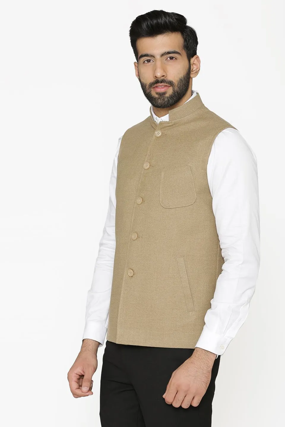 Tweed Wool Beige Modi Nehru Jacket
