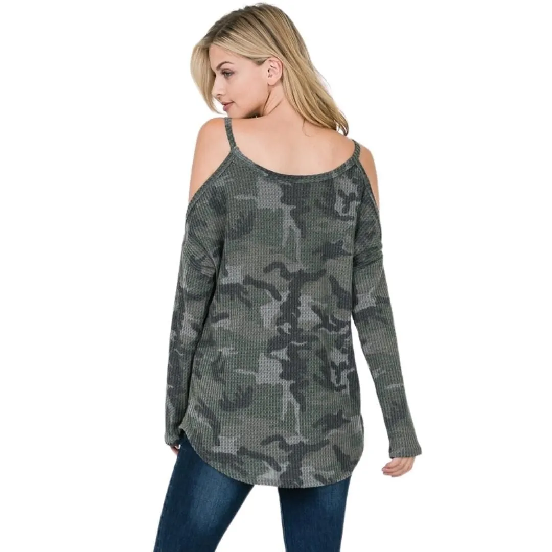 Twenty Ten Green Long Sleeve Open Shoulder Waffle Knit Camo Top TTP-512ARMY