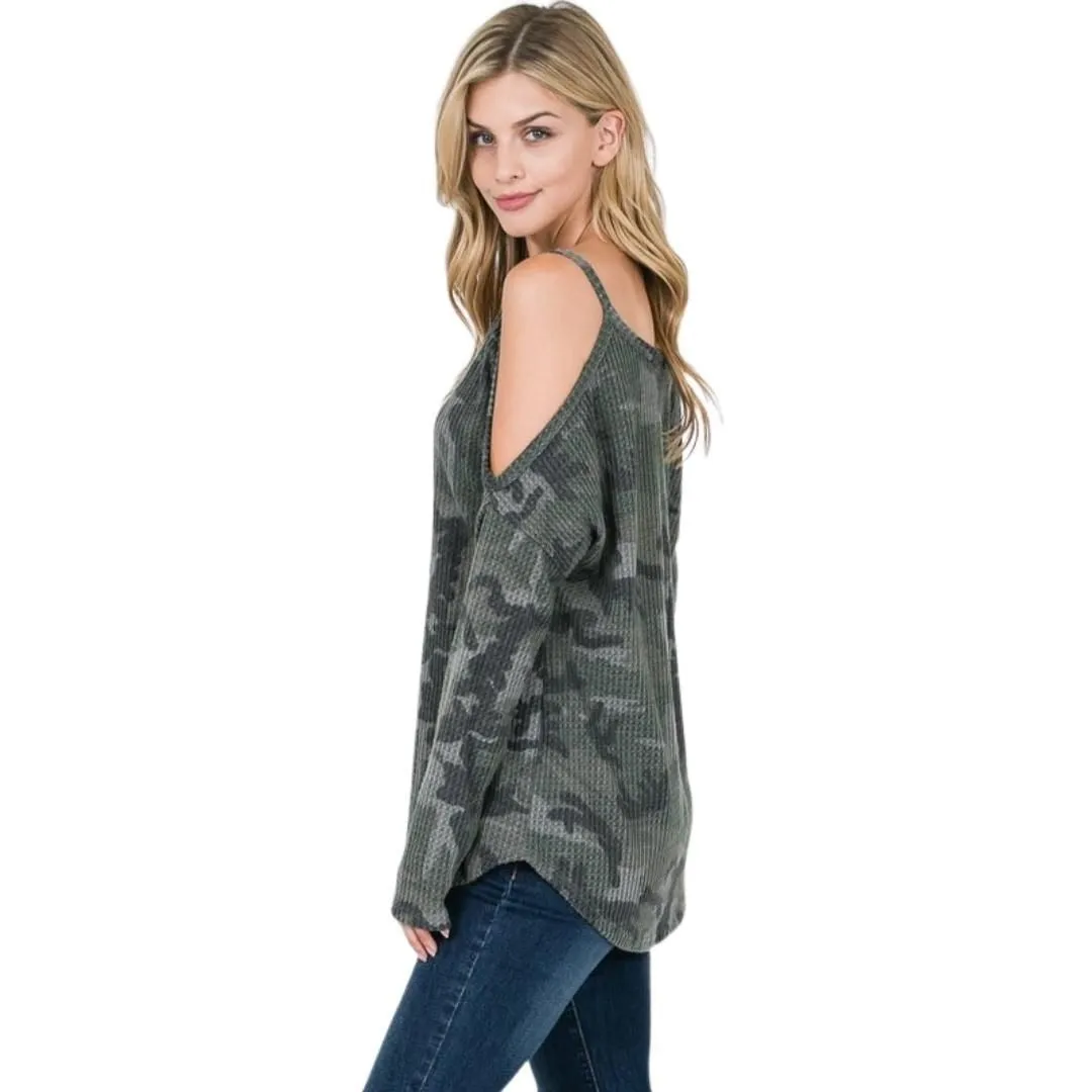 Twenty Ten Green Long Sleeve Open Shoulder Waffle Knit Camo Top TTP-512ARMY