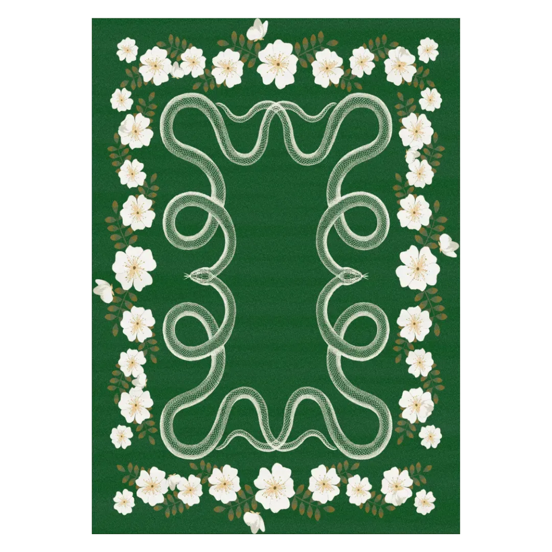 White Flowers Snakes Hand Tufted Rug - Green