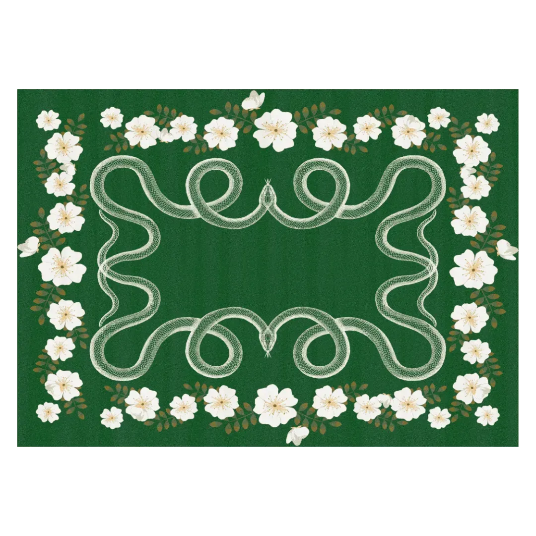 White Flowers Snakes Hand Tufted Rug - Green