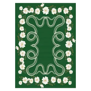 White Flowers Snakes Hand Tufted Rug - Green