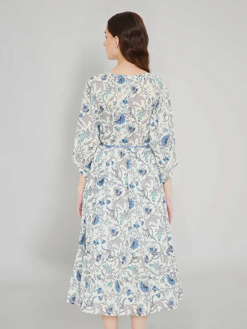 White Tropical Print Boho Midi Dress